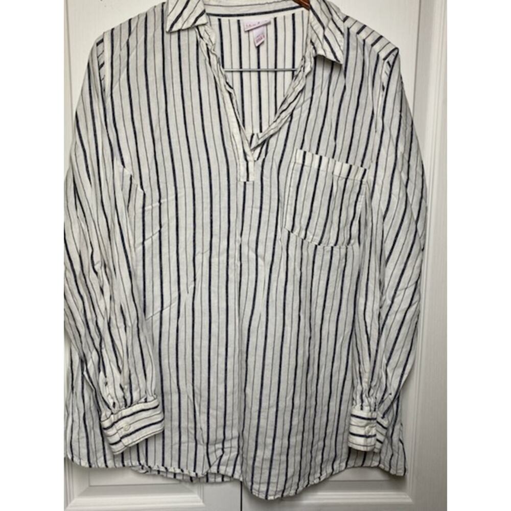 Isabelle Maternity Blouse • XL • White/Navy Stripe • Linen Blend